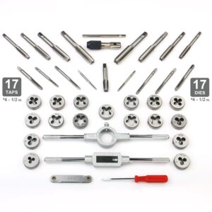 80-Piece Premium SAE and Metric Tap and Die Set - SAE Inch Size #4 to 1/2” and Metric Size M3 to M12, with Coarse, Fine and Pipe Threads | Essential Threading Kit with Complete Handles and Accessories