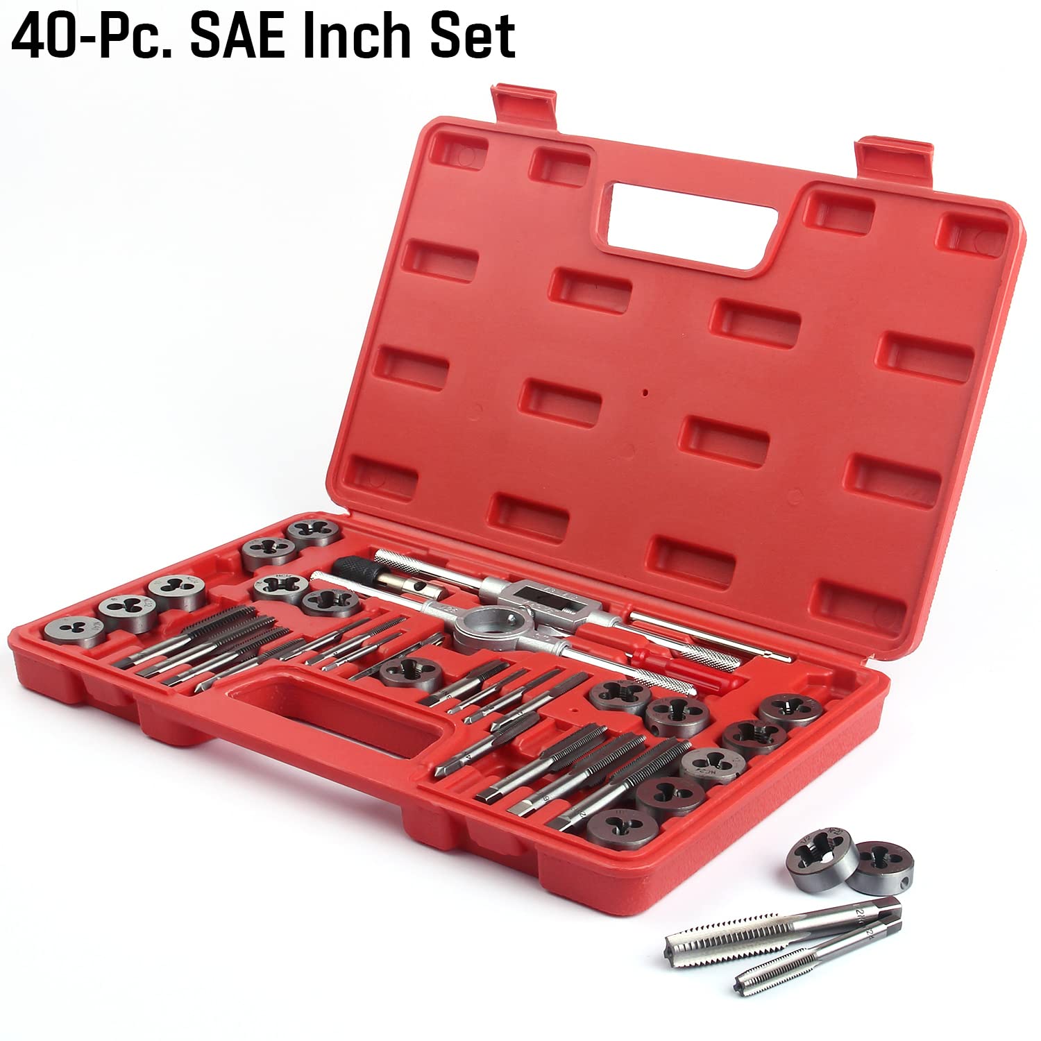 80-Piece Premium SAE and Metric Tap and Die Set - SAE Inch Size #4 to 1/2” and Metric Size M3 to M12, with Coarse, Fine and Pipe Threads | Essential Threading Kit with Complete Handles and Accessories