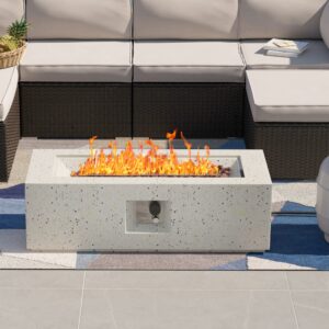 sunbury outdoor 42 inch propane fire pit table, rectangular fire table, 40,000 btu spotted white patio gas fire table w lava rocks, waterproof cover