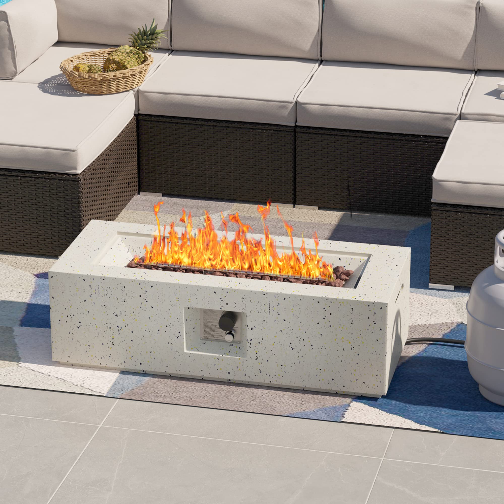 SUNBURY Outdoor 42 Inch Propane Fire Pit Table, Rectangular Fire Table, 40,000 BTU Spotted White Patio Gas Fire Table w Lava Rocks, Waterproof Cover