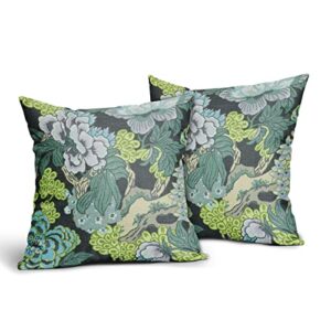 sweetshow green flowers pillow covers 2 packs 18x18 inch vintage floral stone turquoise throw pillows linen chinoiserie decor cushion cover for patio furniture sofa bedroom indoor outdoor