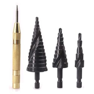 lwcusnj 4 piece step drill bit set and automatic center punch, hss nitriding black spiral fluted drill bits for hardened metal, stainless steel, wood, plastic,6mm hex shank,sizes 4-12mm/4-20mm/4-32mm
