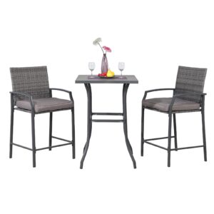 oc orange-casual 3-piece patio bar set, all-weather wicker high top outdoor table and chairs, 2 height rattan bar stools with wood grain top coffee table, for porch, garden, bistro, grey cushion