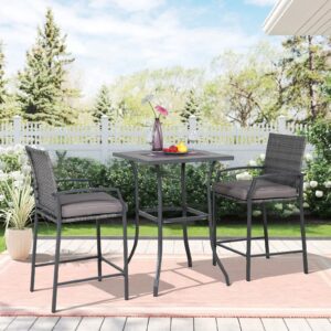 OC Orange-Casual 3-Piece Patio Bar Set, All-Weather Wicker High Top Outdoor Table and Chairs, 2 Height Rattan Bar Stools with Wood Grain Top Coffee Table, for Porch, Garden, Bistro, Grey Cushion