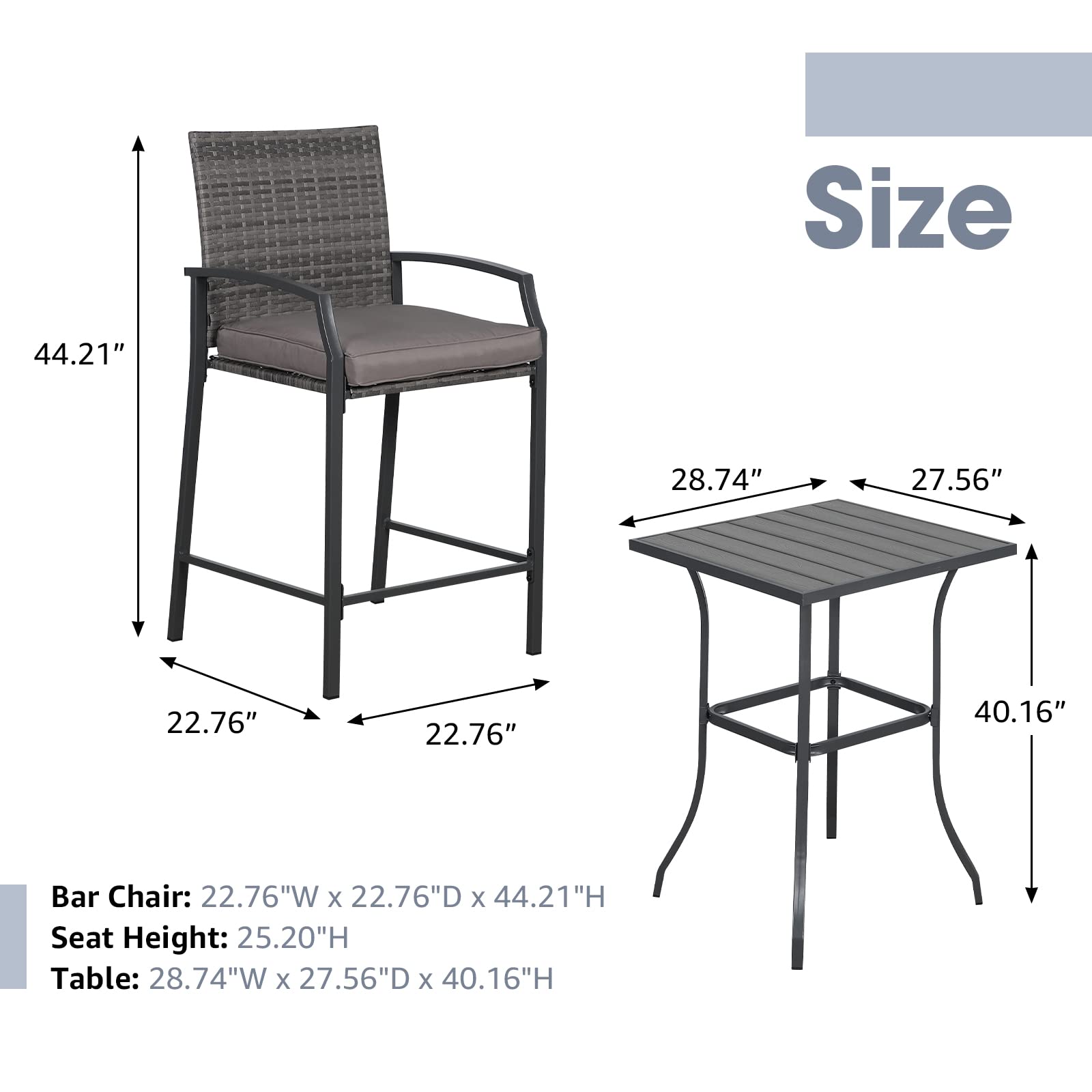 OC Orange-Casual 3-Piece Patio Bar Set, All-Weather Wicker High Top Outdoor Table and Chairs, 2 Height Rattan Bar Stools with Wood Grain Top Coffee Table, for Porch, Garden, Bistro, Grey Cushion