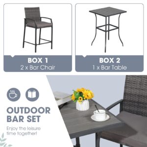 OC Orange-Casual 3-Piece Patio Bar Set, All-Weather Wicker High Top Outdoor Table and Chairs, 2 Height Rattan Bar Stools with Wood Grain Top Coffee Table, for Porch, Garden, Bistro, Grey Cushion