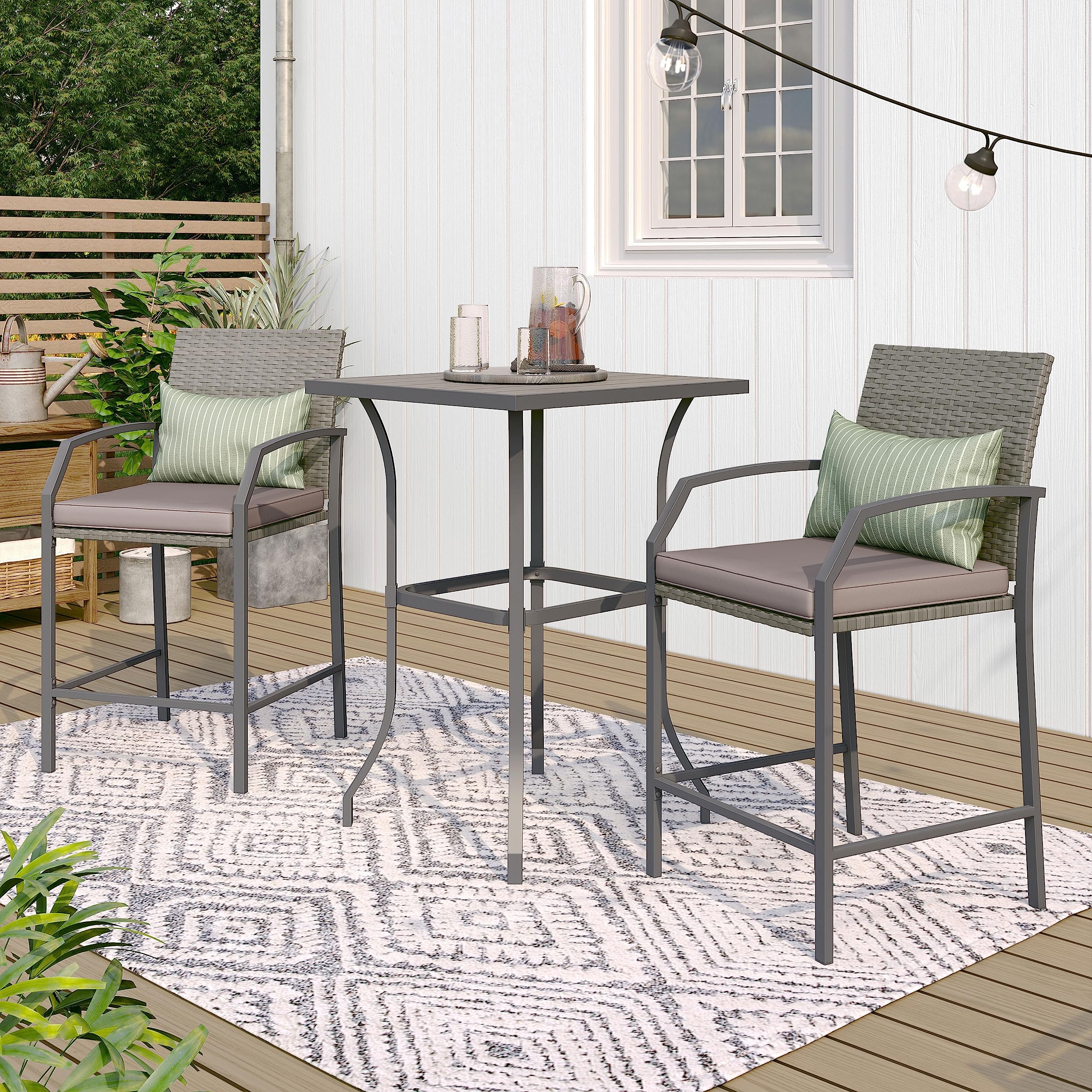 OC Orange-Casual 3-Piece Patio Bar Set, All-Weather Wicker High Top Outdoor Table and Chairs, 2 Height Rattan Bar Stools with Wood Grain Top Coffee Table, for Porch, Garden, Bistro, Grey Cushion