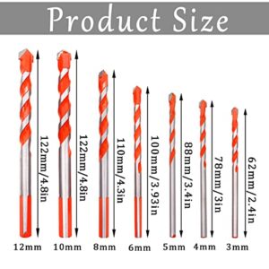 Ruibapa 7PCS(3/4/5/6/8/10/12mm) Orange Ultimate Drill Bit Multi-Function Twist Triangle Drill Bit with Tungsten Carbide Drill Bit for Concrete, Ceramic Tile, Glass, Wood and Plastic P-034