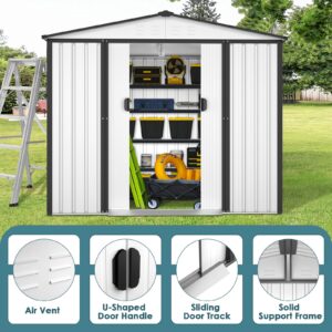 Crownland 4X6 FT Patio Garden Storage Shed Steel Outdoor Garden Shed Tool House with Ventilation & Sliding Door (Cool White)