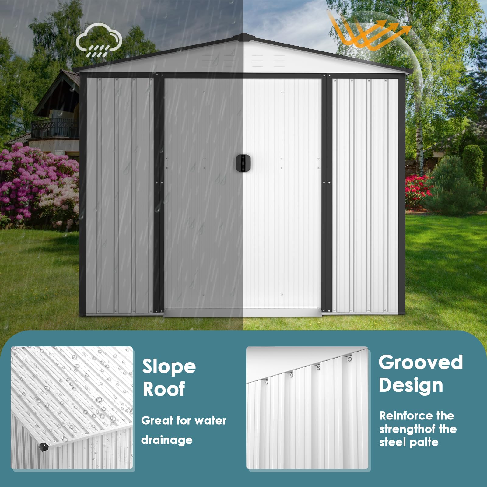 Crownland 4X6 FT Patio Garden Storage Shed Steel Outdoor Garden Shed Tool House with Ventilation & Sliding Door (Cool White)