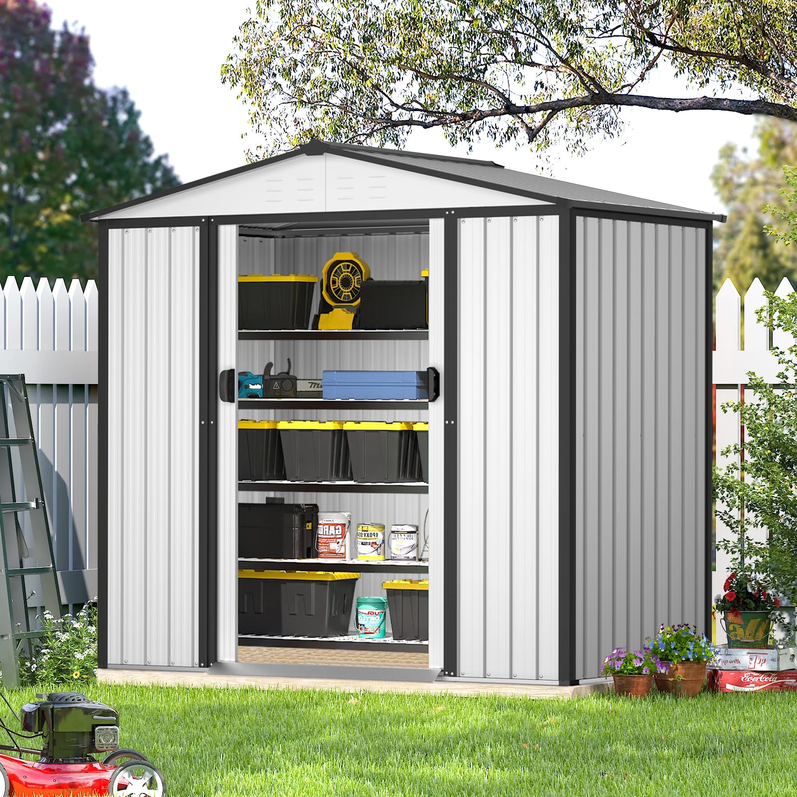 Crownland 4X6 FT Patio Garden Storage Shed Steel Outdoor Garden Shed Tool House with Ventilation & Sliding Door (Cool White)