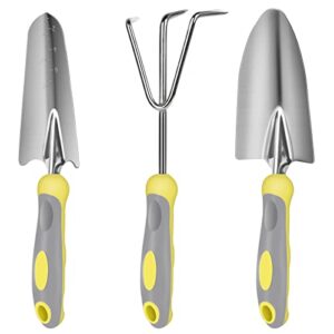 garden tools set, carsolt 3 piece stainless steel heavy duty gardening tools includes trowel, transplant and hand rake with non-slip ergonomic handle, gardening kit with gift box ideal garden gifts