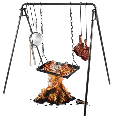 Marada Swing Grill Campfire Cooking Stand 38" Carbon Steel Open Fire Cooker Camping Stand Outdoor Picnic Tools with Hooks Portable & Foldable BBQ Grill for Fire Pit with Dutch Oven Lid Lifter