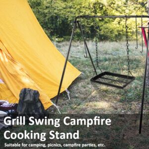 Marada Swing Grill Campfire Cooking Stand 38" Carbon Steel Open Fire Cooker Camping Stand Outdoor Picnic Tools with Hooks Portable & Foldable BBQ Grill for Fire Pit with Dutch Oven Lid Lifter