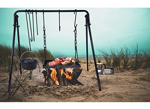 Marada Swing Grill Campfire Cooking Stand 38" Carbon Steel Open Fire Cooker Camping Stand Outdoor Picnic Tools with Hooks Portable & Foldable BBQ Grill for Fire Pit with Dutch Oven Lid Lifter