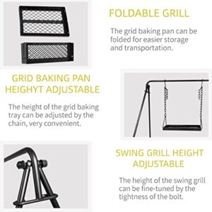 Marada Swing Grill Campfire Cooking Stand 38" Carbon Steel Open Fire Cooker Camping Stand Outdoor Picnic Tools with Hooks Portable & Foldable BBQ Grill for Fire Pit with Dutch Oven Lid Lifter