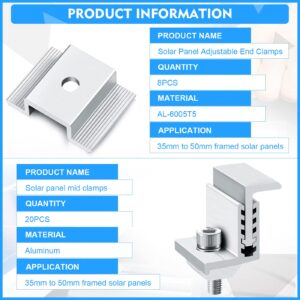 Zhengmy Solar Panel Mid Clamps 1.06 Inch Solar Panel Bracket Aluminum Solar Mid Clam with Solar Mounting Brackets 32-50 mm Panel Clamps Adjustable End Clamps Panel Clamps (28 Pieces)