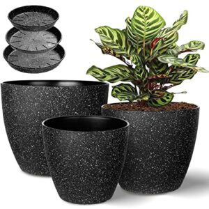 vanavazon plant pots 9/8/7 inch set of 3 flower pots indoor outdoor plastic planters with drainage hole and tray (speckled black)