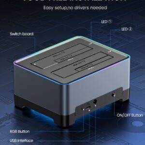 ORICO RGB Hard Drive Docking Station USB 3.2 Gen 1 Aluminum External Hard Drive Dock for 2.5''/3.5'' HDD SSD Up to 36TB Include 10Gbps Data Transfer USB-C&USB-A 2IN1 Cable -5528C3