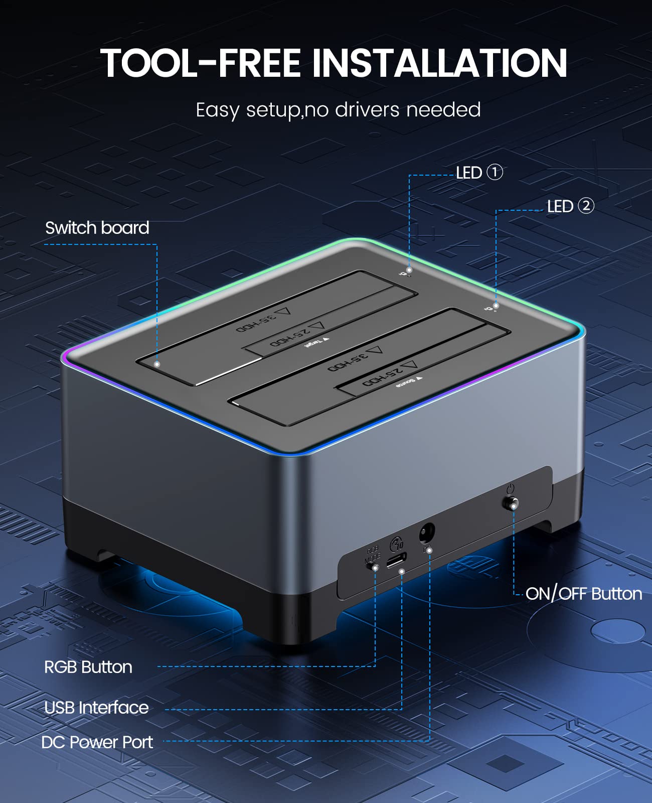ORICO RGB Hard Drive Docking Station USB 3.2 Gen 1 Aluminum External Hard Drive Dock for 2.5''/3.5'' HDD SSD Up to 36TB Include 10Gbps Data Transfer USB-C&USB-A 2IN1 Cable -5528C3