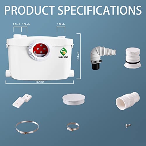 600W Macerator Toilet Pump for Macecrating Toilet, Sewerage Sump Pump for Basement Room Toilet, for Upflush Waste Water, with 4 Water lnlets Connectable Sink, Shower Room, Laundry, Tub