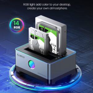 ORICO RGB Hard Drive Docking Station USB 3.2 Gen 1 Aluminum External Hard Drive Dock for 2.5''/3.5'' HDD SSD Up to 36TB Include 10Gbps Data Transfer USB-C&USB-A 2IN1 Cable -5528C3