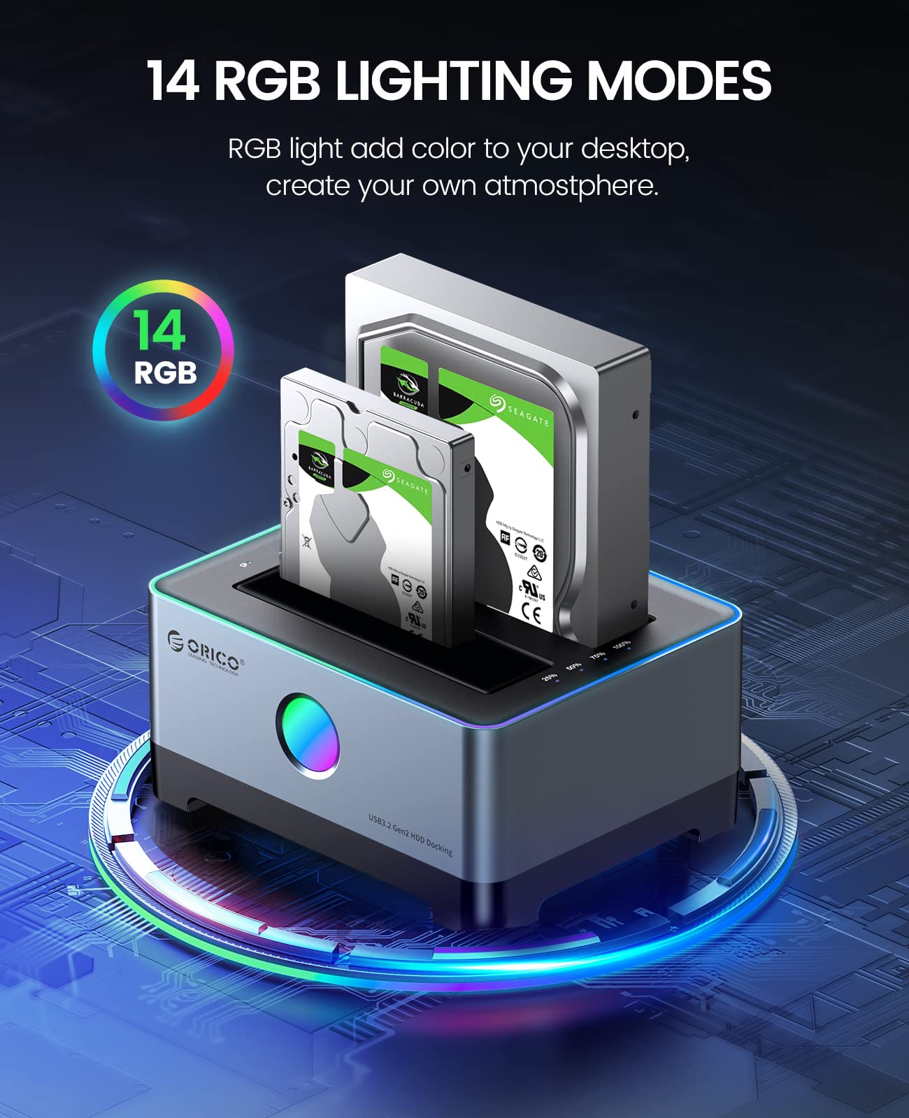 ORICO RGB Hard Drive Docking Station USB 3.2 Gen 1 Aluminum External Hard Drive Dock for 2.5''/3.5'' HDD SSD Up to 36TB Include 10Gbps Data Transfer USB-C&USB-A 2IN1 Cable -5528C3