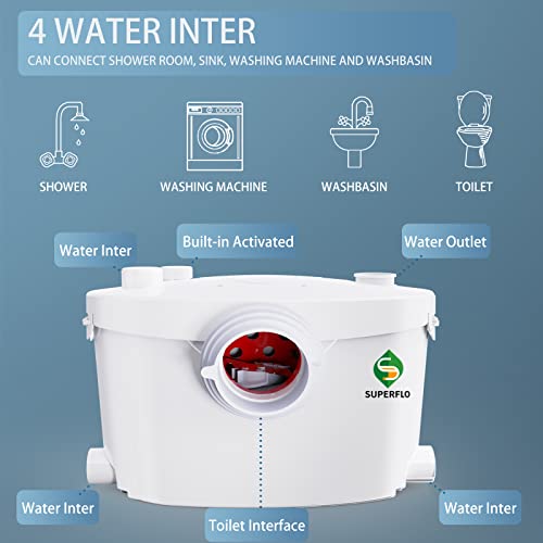 600W Macerator Toilet Pump for Macecrating Toilet, Sewerage Sump Pump for Basement Room Toilet, for Upflush Waste Water, with 4 Water lnlets Connectable Sink, Shower Room, Laundry, Tub