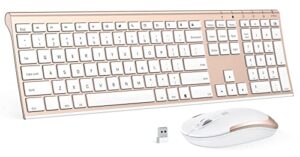 wireless keyboard and mouse combo, 2.4ghz ultra-slim aluminum rechargeable keyboard with whisper-quiet mouse for windows, laptop, pc, desktop - white gold