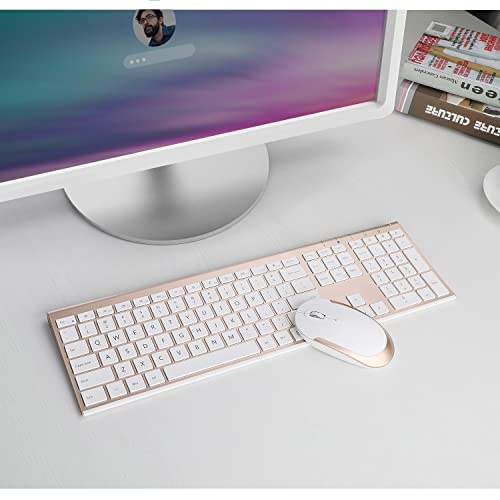 Wireless Keyboard and Mouse Combo, 2.4GHz Ultra-Slim Aluminum Rechargeable Keyboard with Whisper-Quiet Mouse for Windows, Laptop, PC, Desktop - White Gold