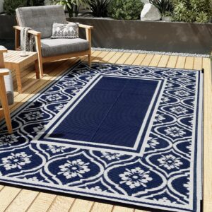 hugear outdoor rug mats, large waterproof area rug, reversible portable outdoor plastic straw carpet for rv deck camping front door indoor outside porch picnic (5x8ft lantern navy blue&white)