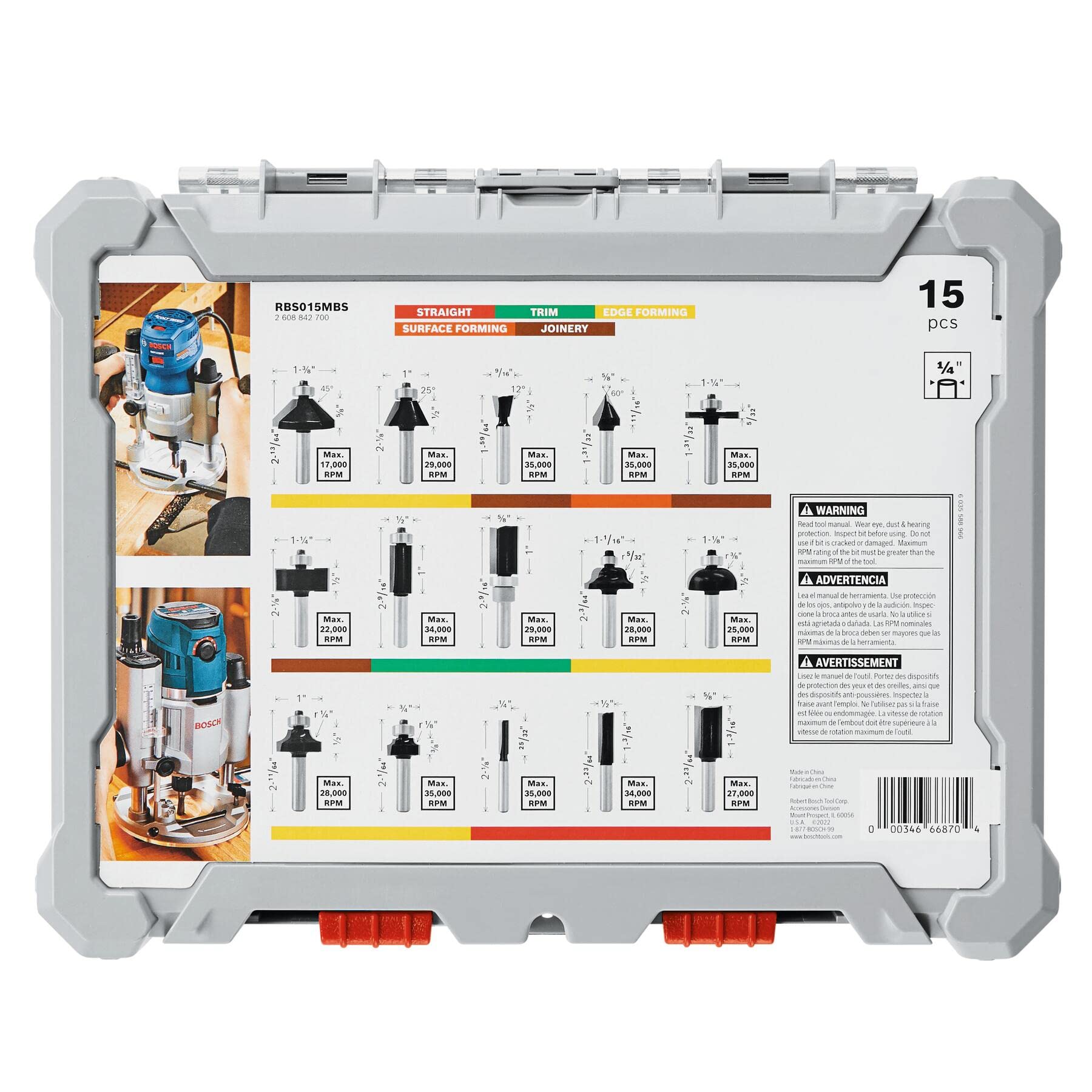 BOSCH RBS015MBS 15-Piece (Universally Compatible Accessory) Carbide-Tipped Wood Router Bit Assorted Set