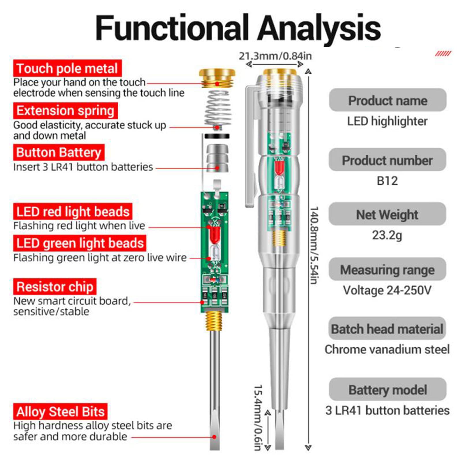 Responsive Electrical Tester Pen,Portable Electrical Circuit Tester Pen,70-250V Water-Proof Electricity Measurement Pen (1 PC)