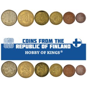 6 coins from finland | finnish coin set collection 1 5 10 20 50 pennia 1 markka | circulated 1963-1969 | tree | saint hannes cross