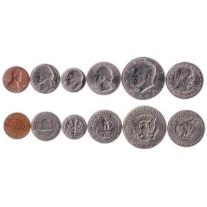 6 coins from united states | american coin set collection 1 5 cents 1 dime 1/4 quarter 1/2 half 1 dollar | circulated 1959 - 2003 | susan b. anthony | abraham lincoln | thomas jefferson | franklin d. roosevelt | john f. kennedy | george washington | monti