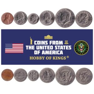 6 Coins from United States | American Coin Set Collection 1 5 Cents 1 Dime 1/4 Quarter 1/2 Half 1 Dollar | Circulated 1959 - 2003 | Susan B. Anthony | Abraham Lincoln | Thomas Jefferson | Franklin D. Roosevelt | John F. Kennedy | George Washington | Monti