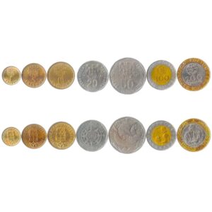 7 coins from portugal | portuguese coin set collection 1 5 10 20 50 100 200 escudos | 1986-2001 | pedro nunes | garcia de orta | ship | nautical compass