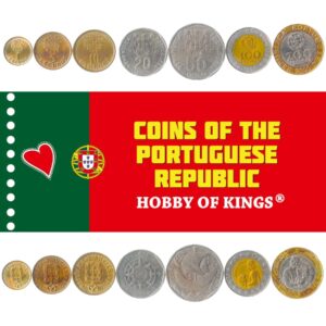 7 Coins from Portugal | Portuguese Coin Set Collection 1 5 10 20 50 100 200 Escudos | 1986-2001 | Pedro Nunes | Garcia De Orta | Ship | Nautical Compass