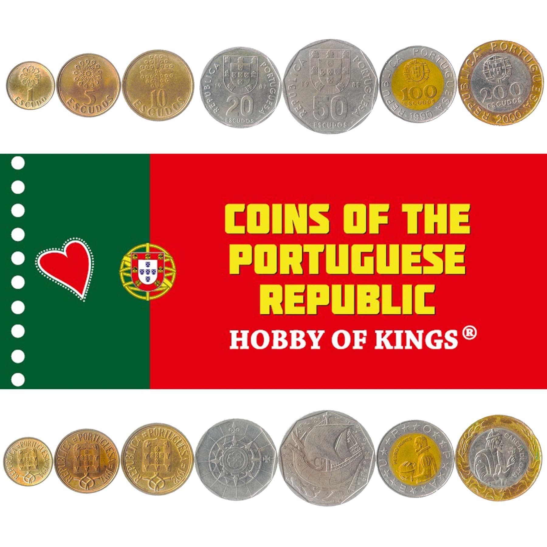 7 Coins from Portugal | Portuguese Coin Set Collection 1 5 10 20 50 100 200 Escudos | 1986-2001 | Pedro Nunes | Garcia De Orta | Ship | Nautical Compass