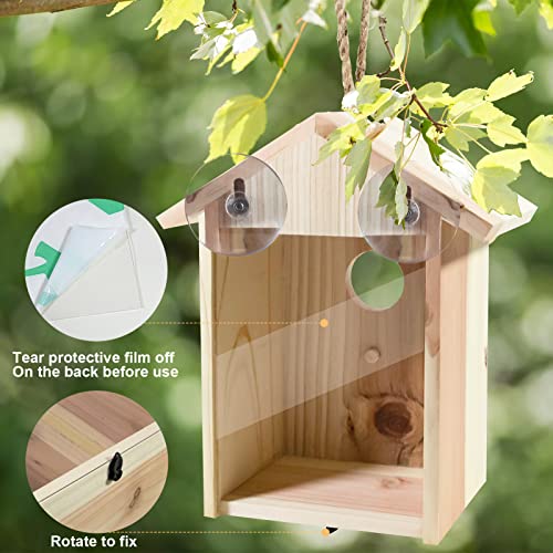 Pintuson 2 Pack Window Bird Houses for Viewing, See Through Bird House for Window, Transparent Spy Birdhouse for Outdoor, Wooden Bird Nest with Strong Suction Cups