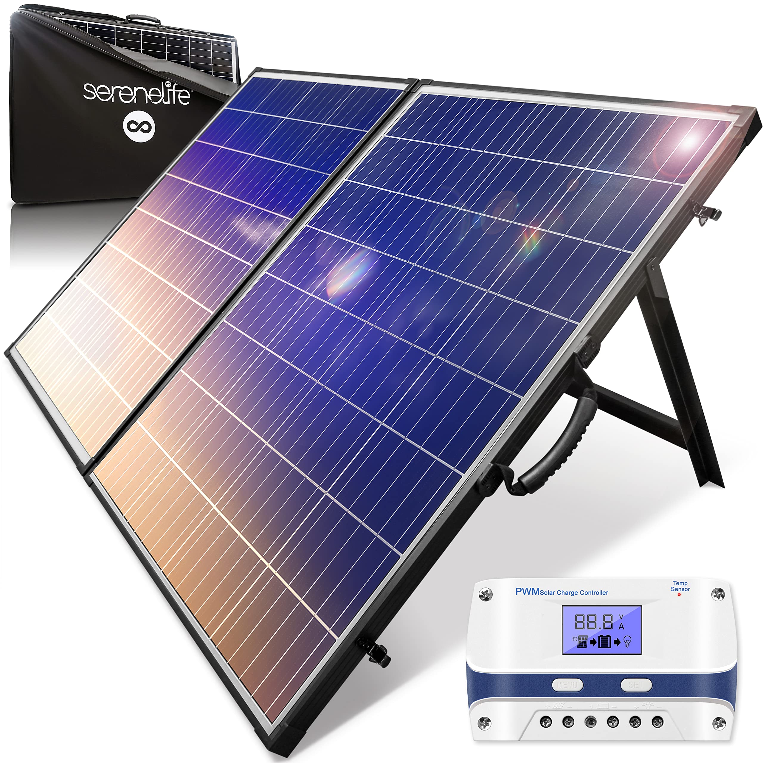 SerenelifeHome Serenelife 200 Watt Portable Solar Panel Kit, Foldable Monocrystalline Briefcase Set with 20A PWM Controller Black