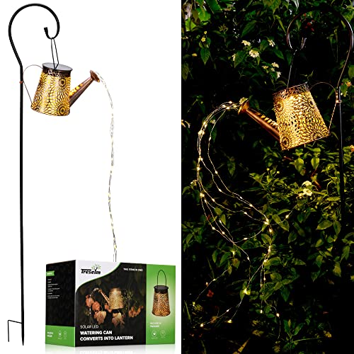 TRESELM Solar Watering Can with Cascading Lights, Outdoor Decorative Hanging Solar Lantern Gardening Gifts for Patio Lawn and Backyard