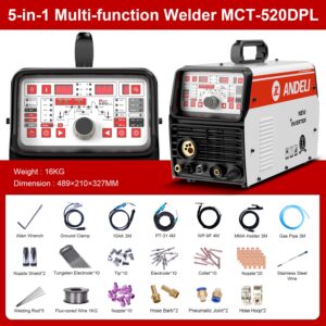 ANDELI 220V Aluminum MIG Welder,MIG TIG CUT COLD & MMA MIG Welding and Flux Welding without Gas Cold Welder 5 in 1 Multiprocess Welder Aluminum Welding Machine