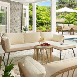 yitahome 3 pieces patio furniture set, outdoor wicker conversation sectional l-shaped sofa with 4 seater for backyard, porch, boho detachable lounger with cushions and coffee table - beige