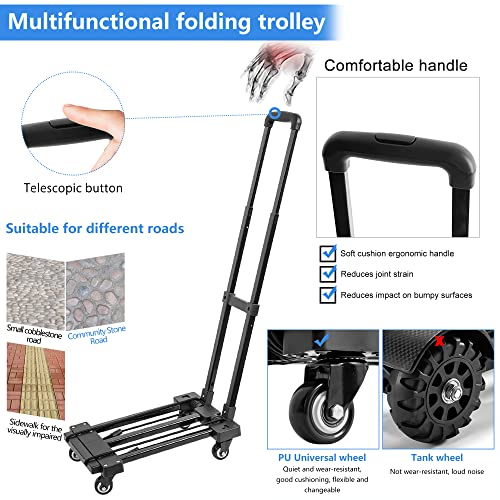 AKOZLIN Folding Hand Truck 360°Rotate 4 Wheels 200lbs Heavy Duty Capacity Utility Cart Adjustable Handle Portable Compact Trolley Dolly for Personal,Luggage,Travel,Office Use