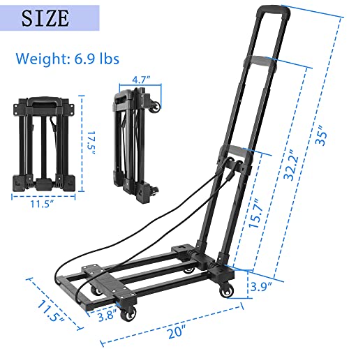 AKOZLIN Folding Hand Truck 360°Rotate 4 Wheels 200lbs Heavy Duty Capacity Utility Cart Adjustable Handle Portable Compact Trolley Dolly for Personal,Luggage,Travel,Office Use