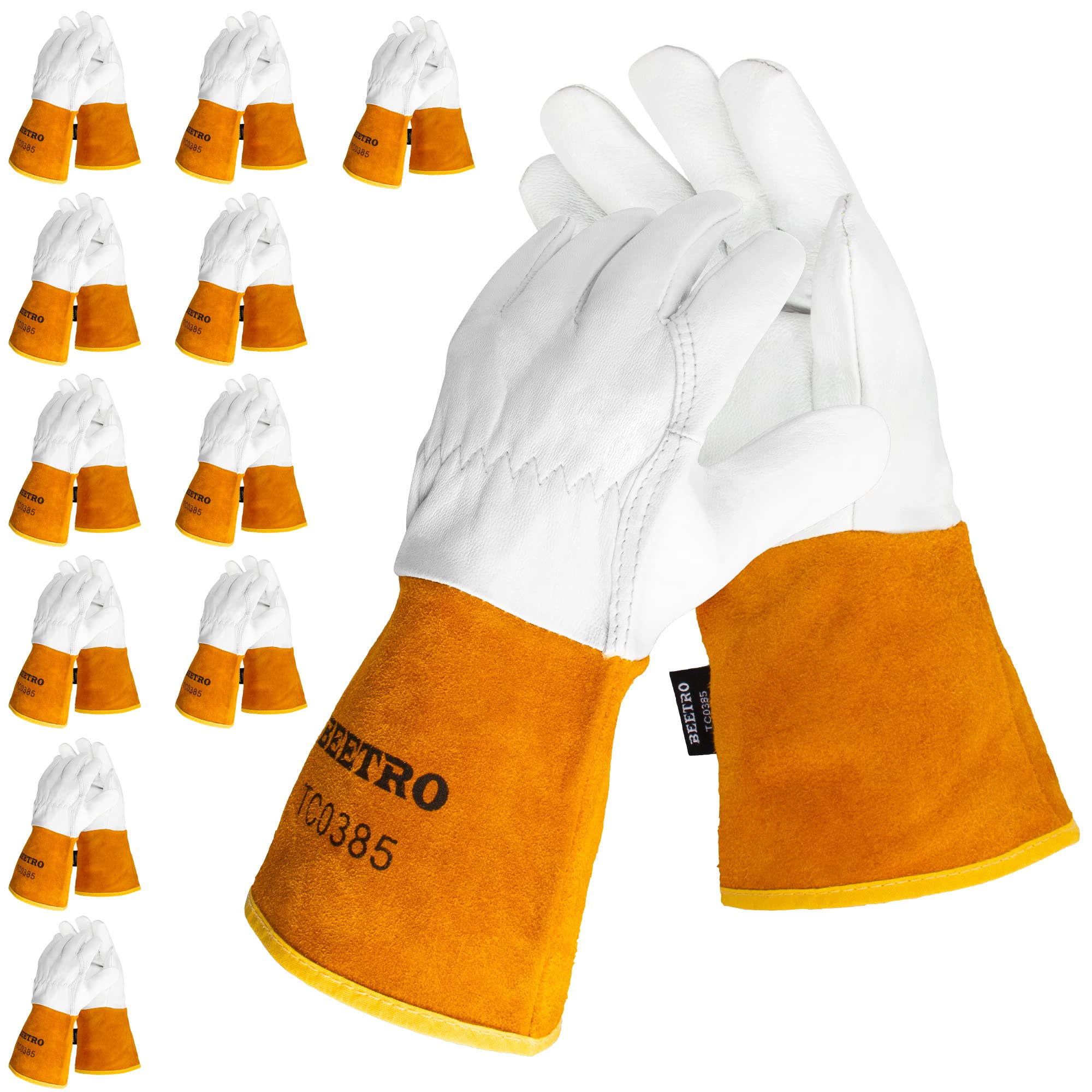 BEETRO Working Gloves 12 Pairs, Tig Welding Cowhide Split Leather, Heat/Fire Resistant BBQ/Warehouse/Heavy Duty/Animal Handling Glove, Extremely Soft and Flexible