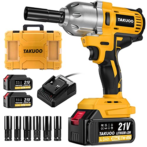 Takuoo 850 N.m Cordless impact wrench,1/2 inch Brushless Impact Wrench,Max Torque 640Ft-lbs(850N.m) electric wrench with 2pcs 4.0Ah Li-ion batteries.6 Sockets Power Impact Driver for Car Pipickup