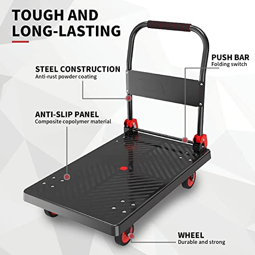 Push Cart Dolly, Platform Hand Truck with 440lb Weight Capacity and 360 Degree Swivel Silent Wheels for Loading and Storage