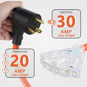 boeemi 30 Amp to 110 Adapter Rv Plug Adapter,30 Amp TT-30P to 3X 5-15R/5-20R 15 Amp/20 Amp RV Power Adapter, STW 10/3 with LED Power Indicator (12 inch)